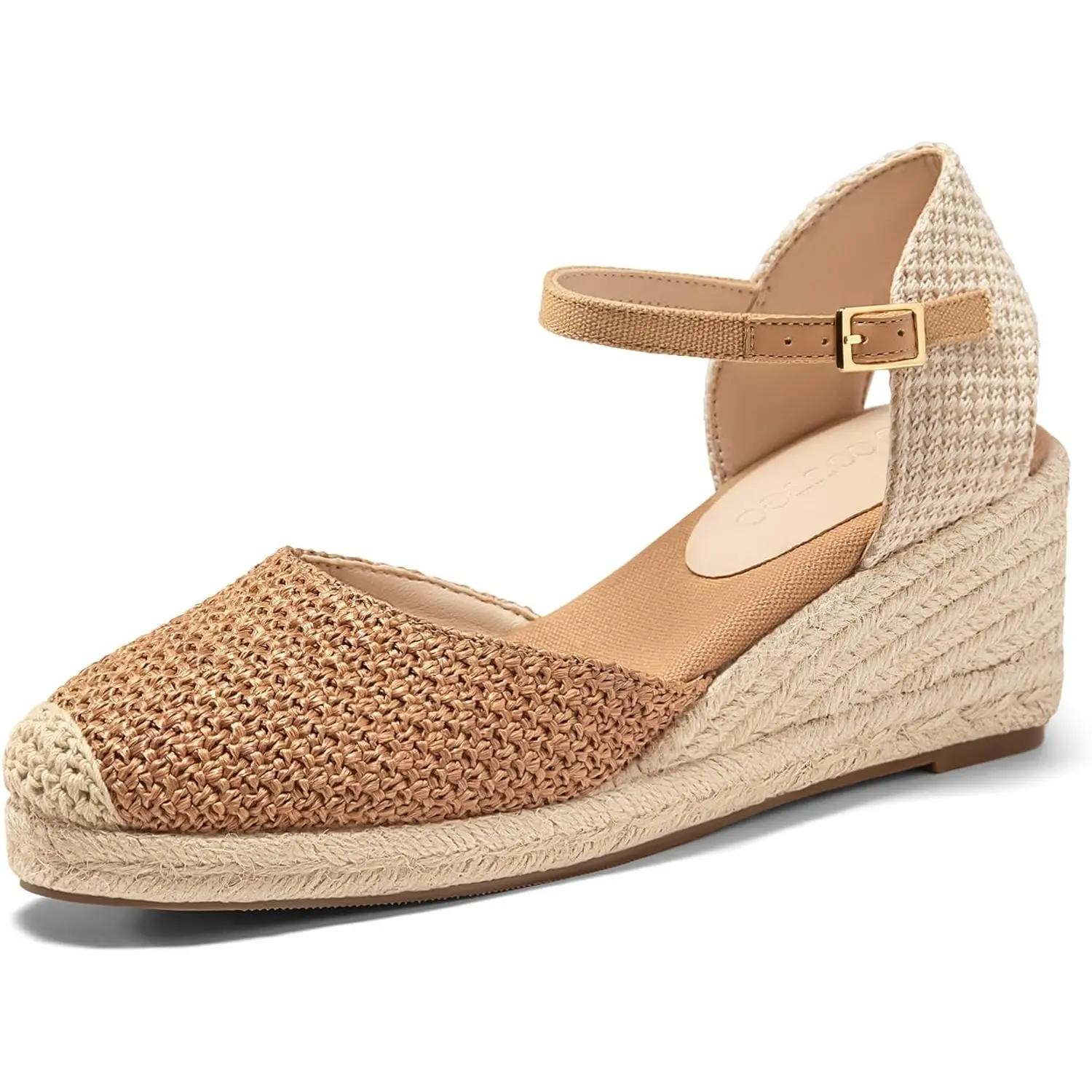 Coutgo Womens Platform Wedge Sandals Espadrilles Raffia Closed Toe Heels Ankle Buckle Strap Summer Beach Shoes