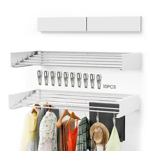 Ascend Lifestyle Foldable Wall-Mounted Drying Rack, Heavy-Duty 60 lb Capacity – Space-Saving Folding Laundry Hanger with 10 Clips, Rust-Proof Aluminium Clothes Dryer for Indoor & Outdoor Use