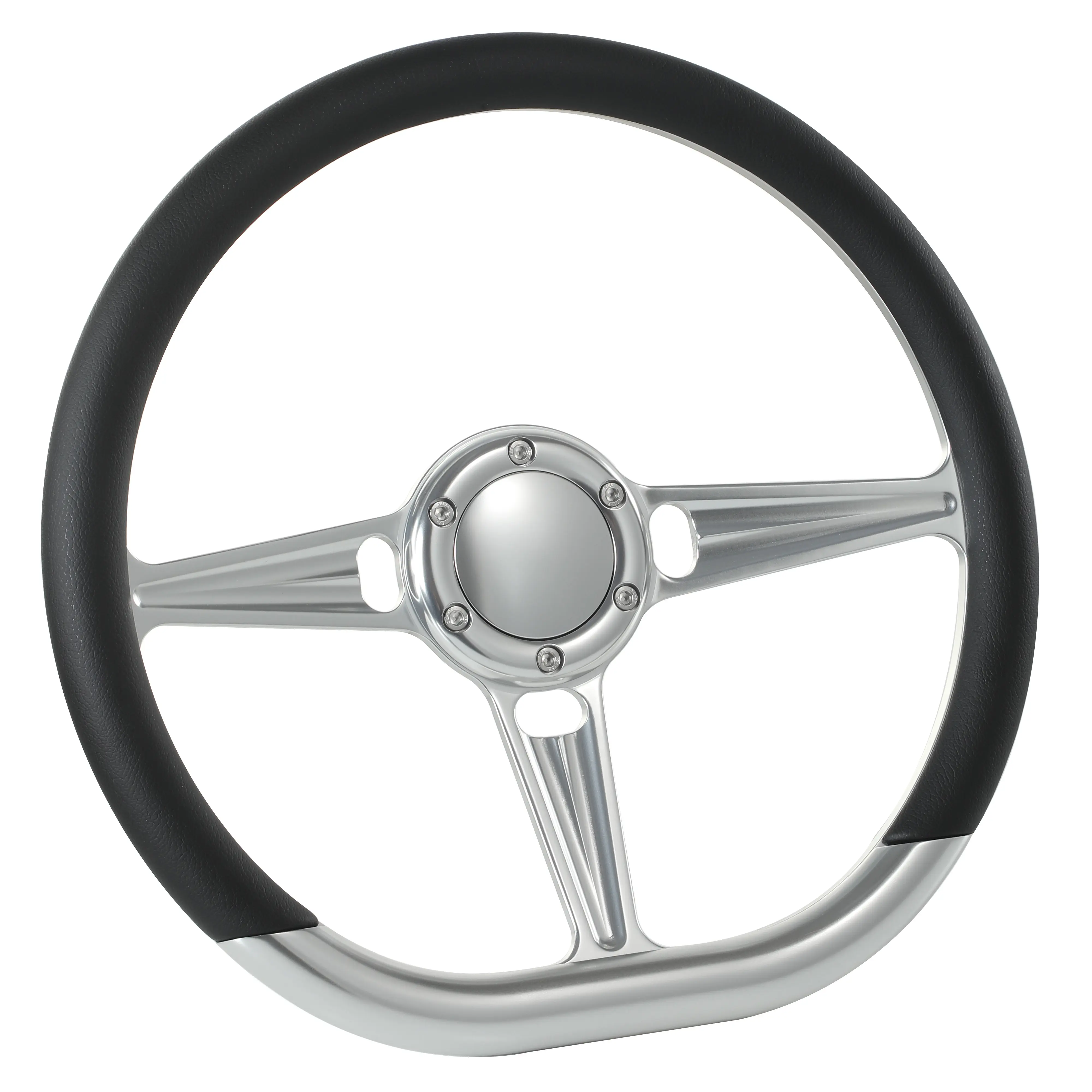 14" D-Type Aluminium Billet Steering Wheel, Black Half-Wrap for Muscle Cars, GMC Compatible with Billet Horn Button & Aftermarket 6-Bolt Adapters