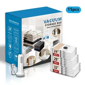 Cordless Travel Vacuum Storage Compression Bag Set – 15-Pack in 3 Sizes – USB Rechargeable Handheld Pump with Built-In Battery – Waterproof & Reusable Space Saver for Clothes & Packing, Perfect for Carry-On Suitcases