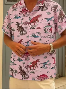 Trendy Men's Dinosaur Print Hawaiian Short Sleeve Shirt, Casual Button Down Tropical Dino Graphic Top, Lightweight Breathable Summer Shirt for Vacation, Beach & Street Style #MensTropicalShirt #DinosaurStreetwear #SummerFashion