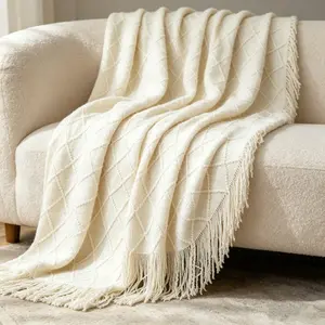 Spring Summer Fringe Diamond Pattern Soft Acrylic Texture Decorative Blanket, Soft Cozy Blanket Throw, Sofa Bed Home Decoration, 50x70 or 50x90 Inches, Perfect Gift