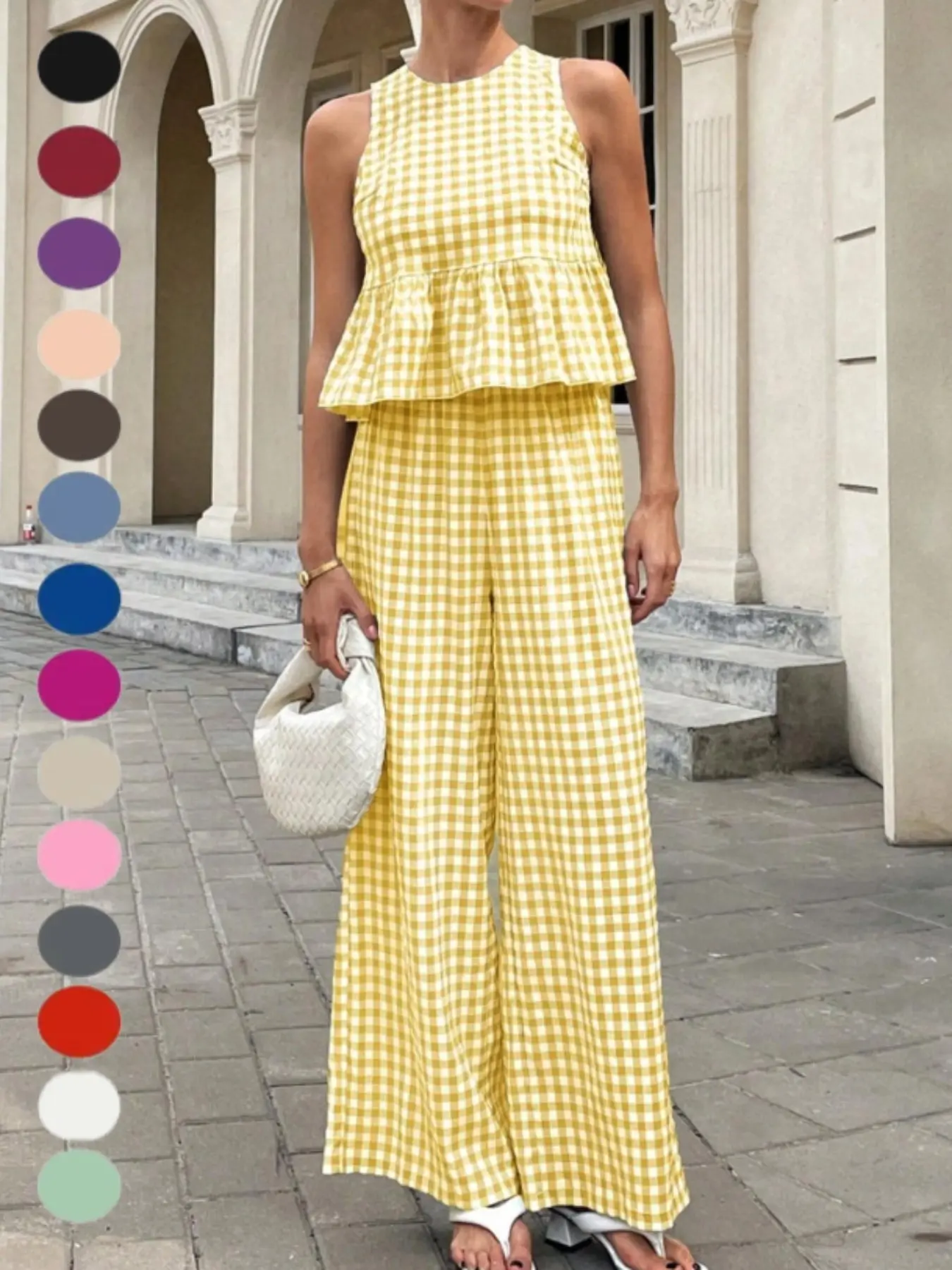 2026 Cross-Border Fashion Casual Summer Set Womenswear Plaid Round Neck Sleeveless Ruffle Hem Top, High Waist Straight Leg Long Pants, Stylish and Comfortable