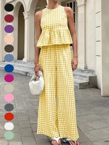 2026 Cross-Border Fashion Casual Summer Set Womenswear Plaid Round Neck Sleeveless Ruffle Hem Top, High Waist Straight Leg Long Pants, Stylish and Comfortable