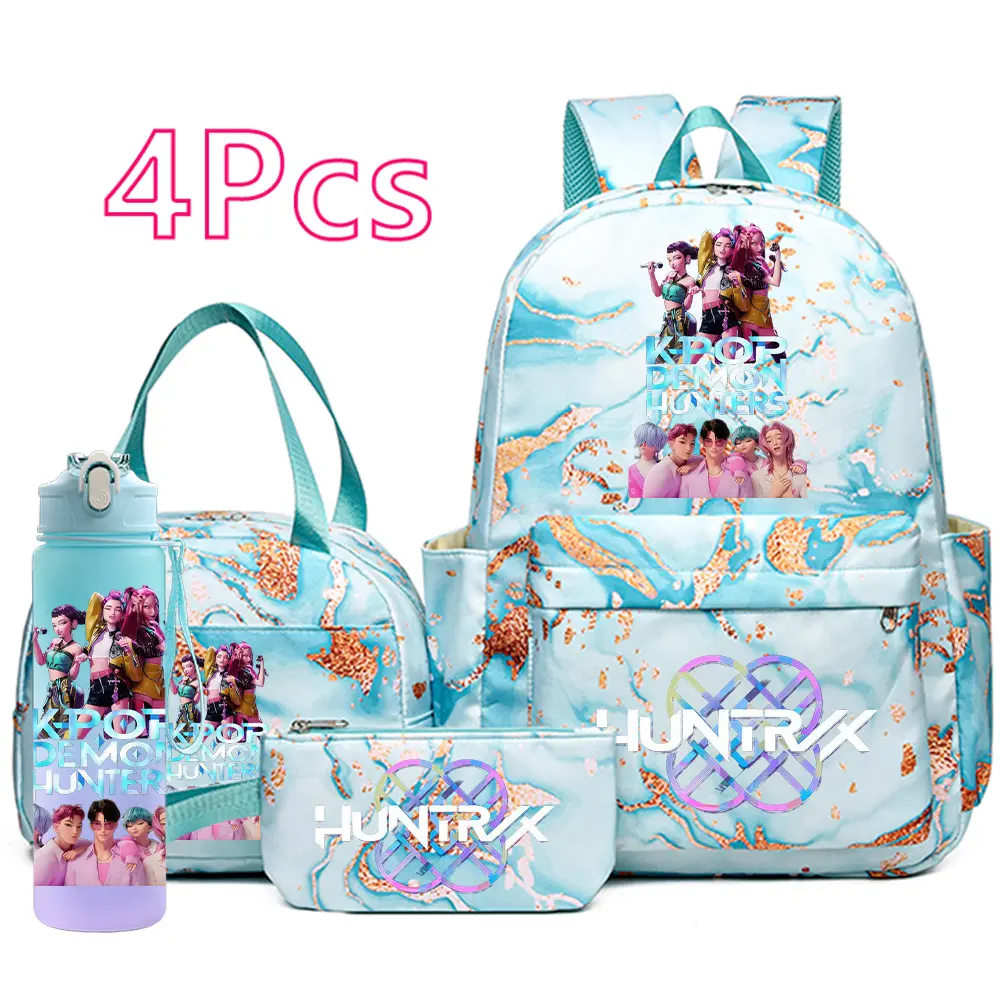 4PCS K-Pop Demon Hunters School Backpack Set – Rumi, Mira, Zoey, Aira, Luna, Yuna, Huntrix & Saja Boys Anime Backpack with Lunch Bag, Pencil Case & Water Bottle, Cute Bookbag for Kids, Girls & Teens