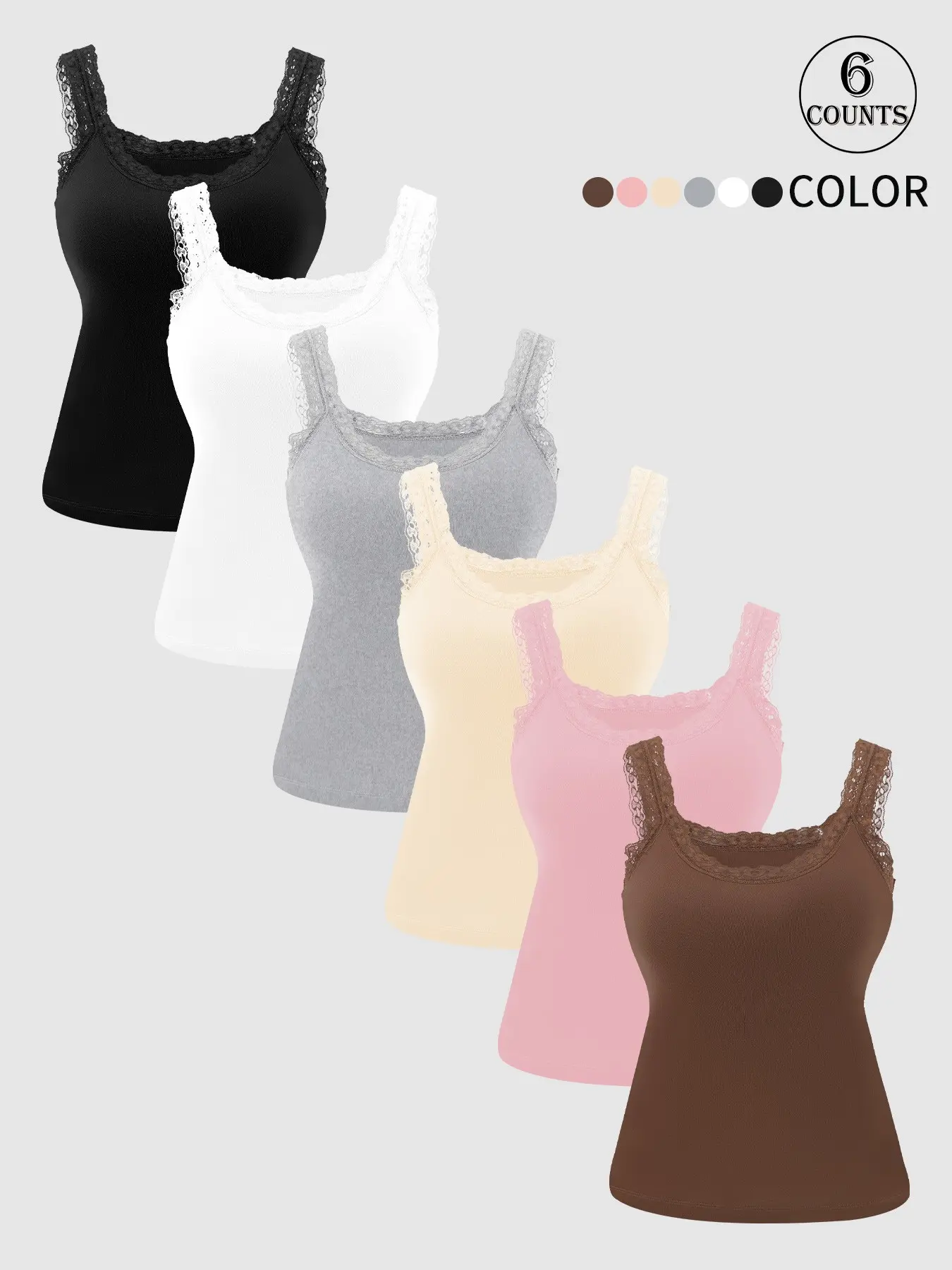 6 piece women Underwear casual Style Fitted sleeveless round neck tank top lace trim soft cami