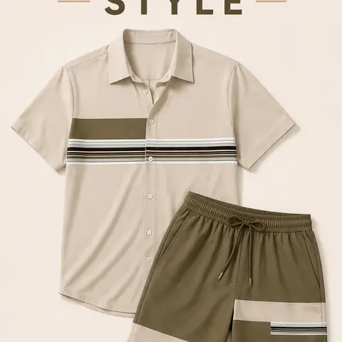 Men's Color Block Striped 2 Piece Outfit Lapel Short Sleeve Button Down Shirt & Casual Matching Shorts Summer Vacation Beach Tracksuit