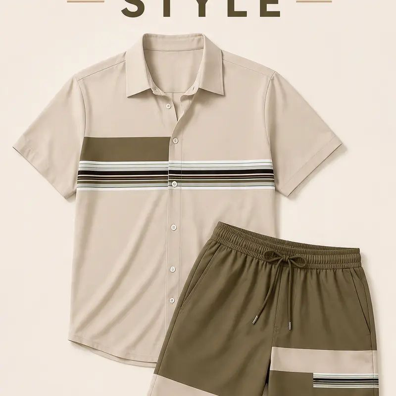 Men's Color Block Striped 2 Piece Outfit Lapel Short Sleeve Button Down Shirt & Casual Matching Shorts Summer Vacation Beach Tracksuit