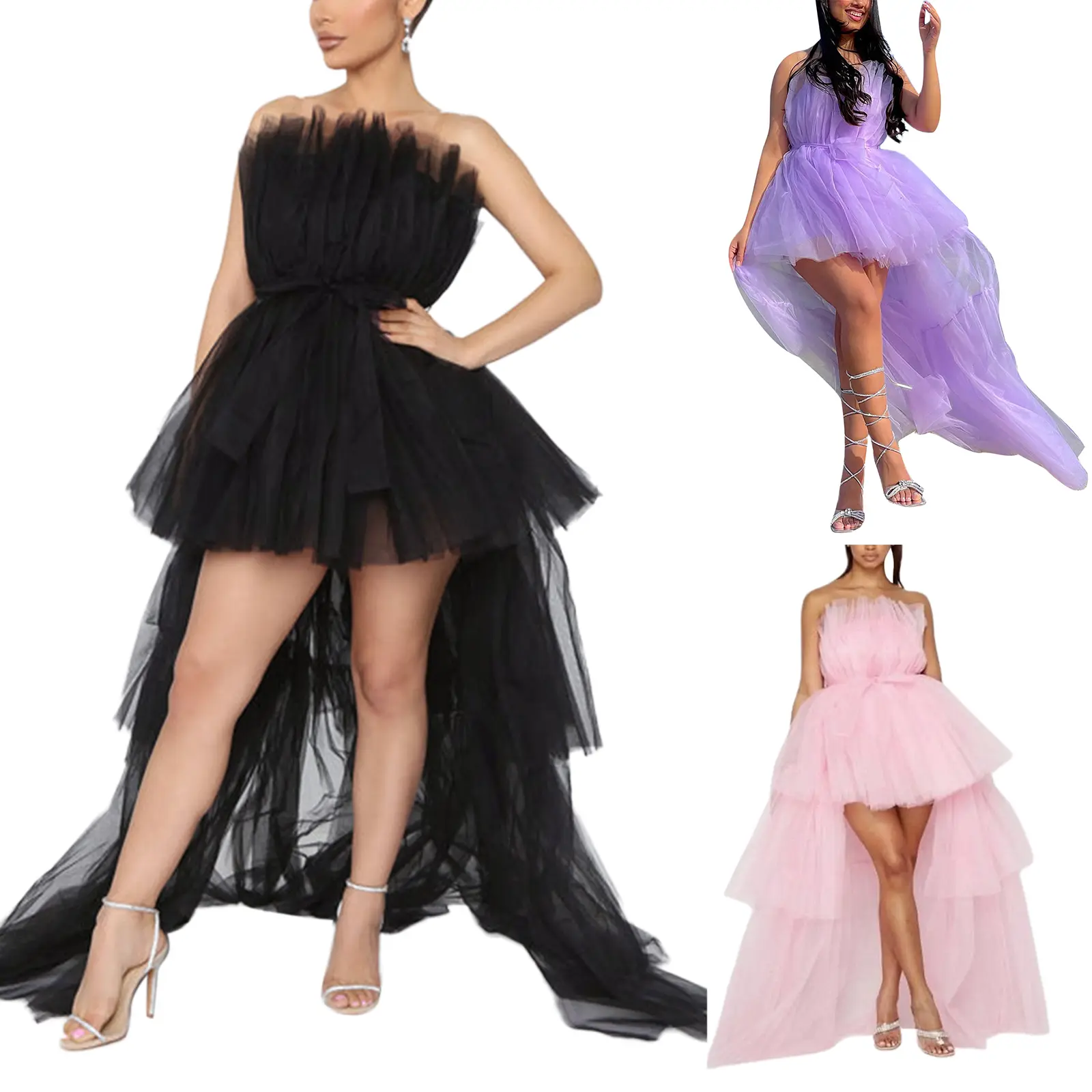 Ladies Female Women´s Romantic High Low Tulle Dress, Strapless Solid Black Tiered Cocktail Party Dress Prom Gown Womenswea