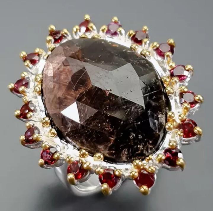 14k White & Yellow Gold Plated Sterling Silver Ring with 21x15 Black Sapphire & Rhodolite Garnet Gemstone, Size 8 9.1g