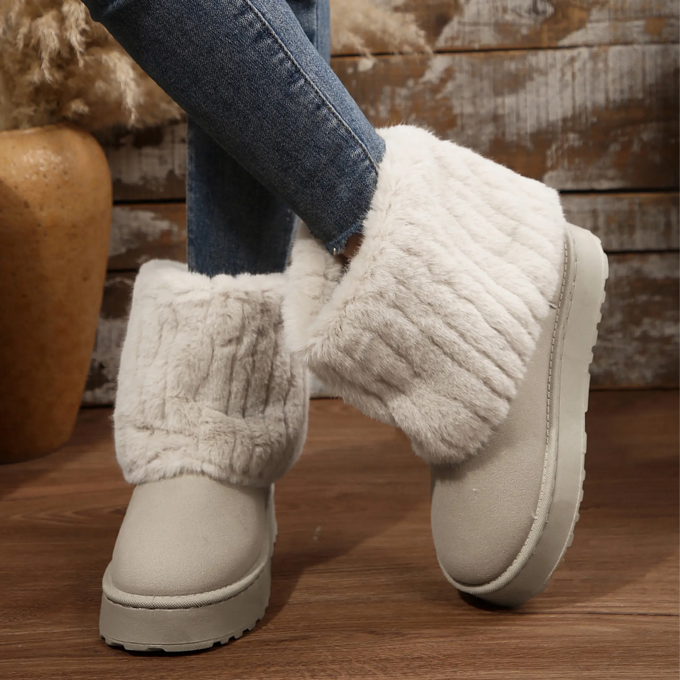 Women's Plush Mid Calf Snow Boots - Round Toe Suede Winter Warm Lined Platform Flat Comfort Indoor Outdoor Shoes