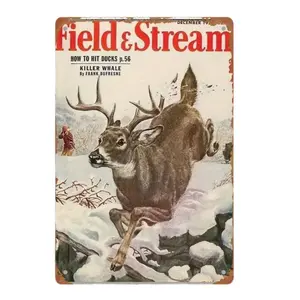 1PC,2D Flat,Metal Sign Field Stream Rugged Deer Bounding Over Snow Covered Rocks Aluminum Wall Art Decorative Painting 8X12 Inch Metal Wall Art Rustic Wall Decor for Bar Metal Wall Ar