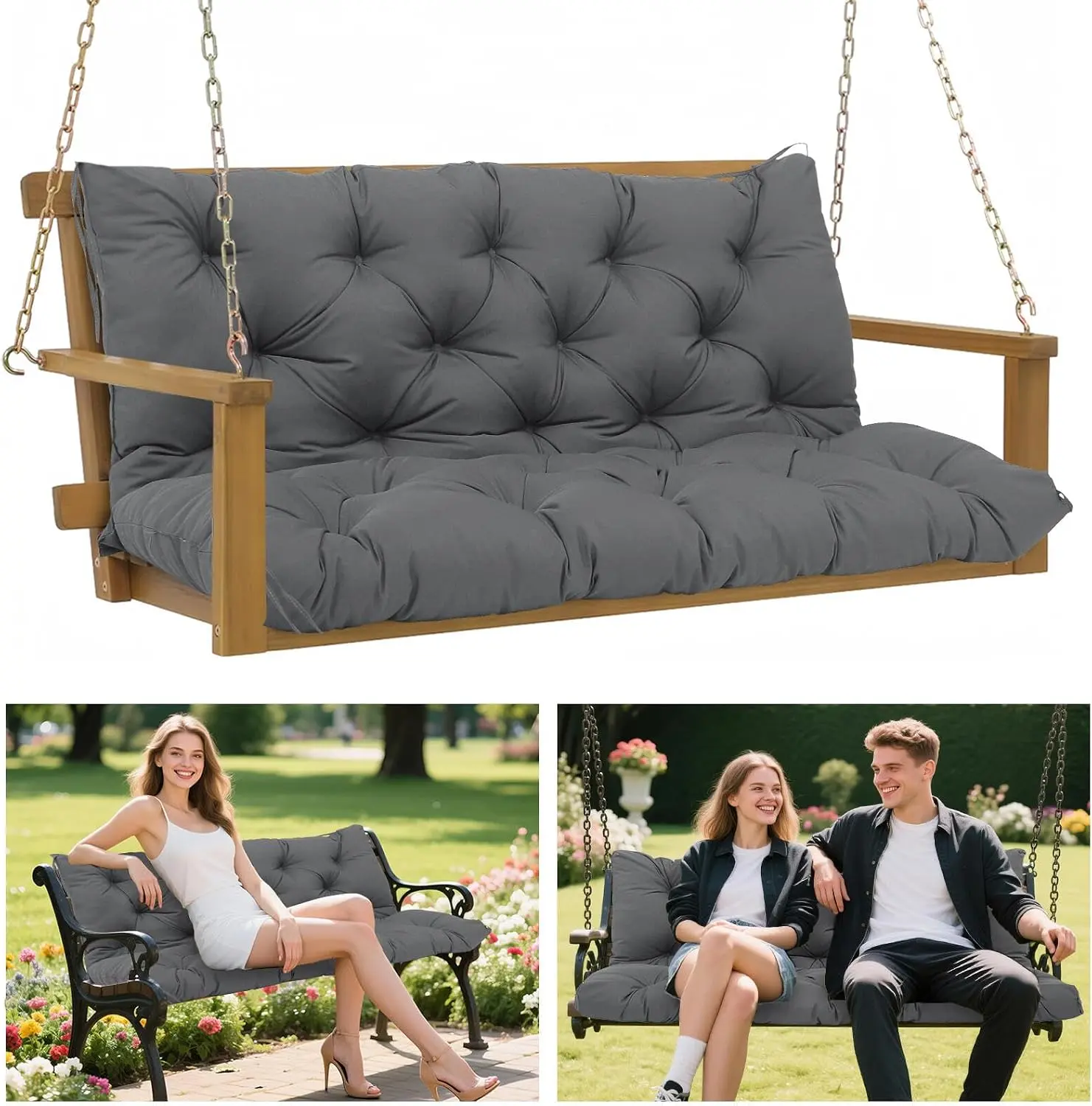 5" Thick Waterproof Porch Swing Cushion 70 x 40 in 3 Seater Replacement Outdoor Swing Cushions with Back Support Patio Swing Cushion for Outdoor Bench Furniture