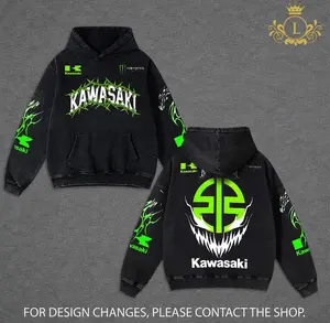 Retro Kawasaki x Monster Energy Racing Acid Washed Hoodie MotoGP World Champion Enthusiast Apparel Streetwear Racing Team Energy Drink Motorcycle Clothing Motobike Riders Supermotor Off-Road Dirt Bike Fan Gear Cotton For Motor Fan