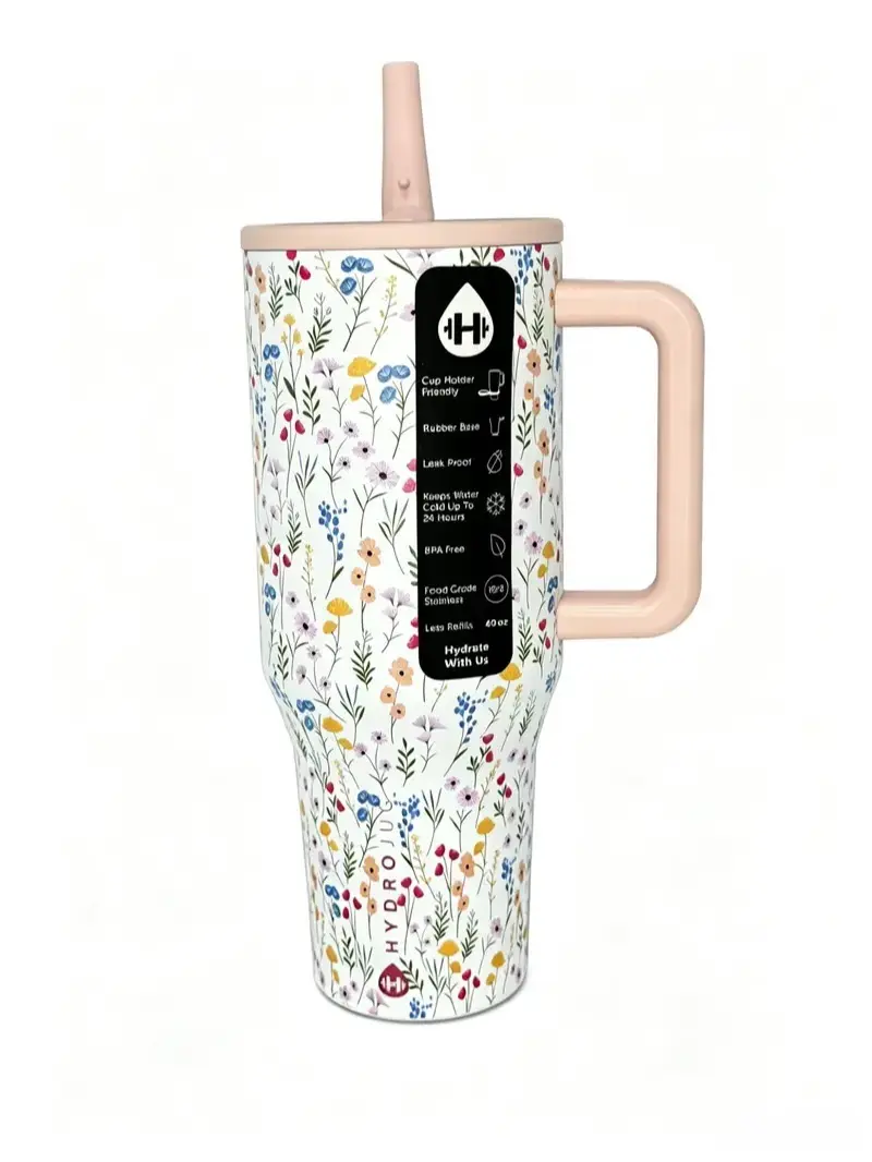 HydroJug 40oz Vintage Wildflower Insulated Tumbler With Pink Handle & Straw,Leak Proof Stainless Steel Travel Water Bottle Fits Car Cup Holder Cottagecore Floral Cup  | Cup Holder Friendly Base | Insulated Thermal Tumbler, Easy-Clean Durable Travel Mug