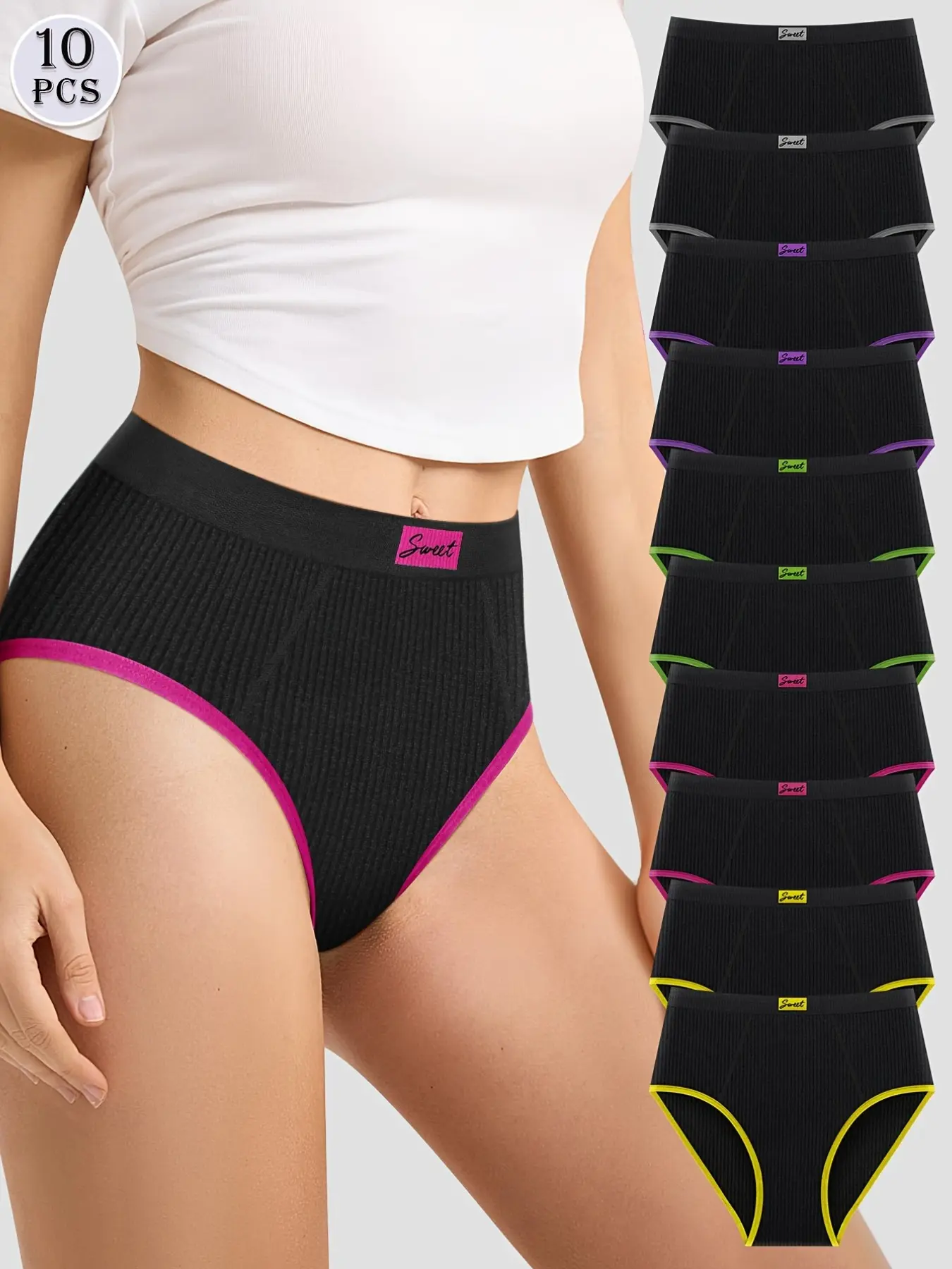 Women's High Waisted Seamless Panties Set, Fashion Colorblock Design, Comfortable Fit, Underwear, Seamless Undergarment, Pack of 10, Daily Wear Essentials, High Waisted Panty, High Rise Panties