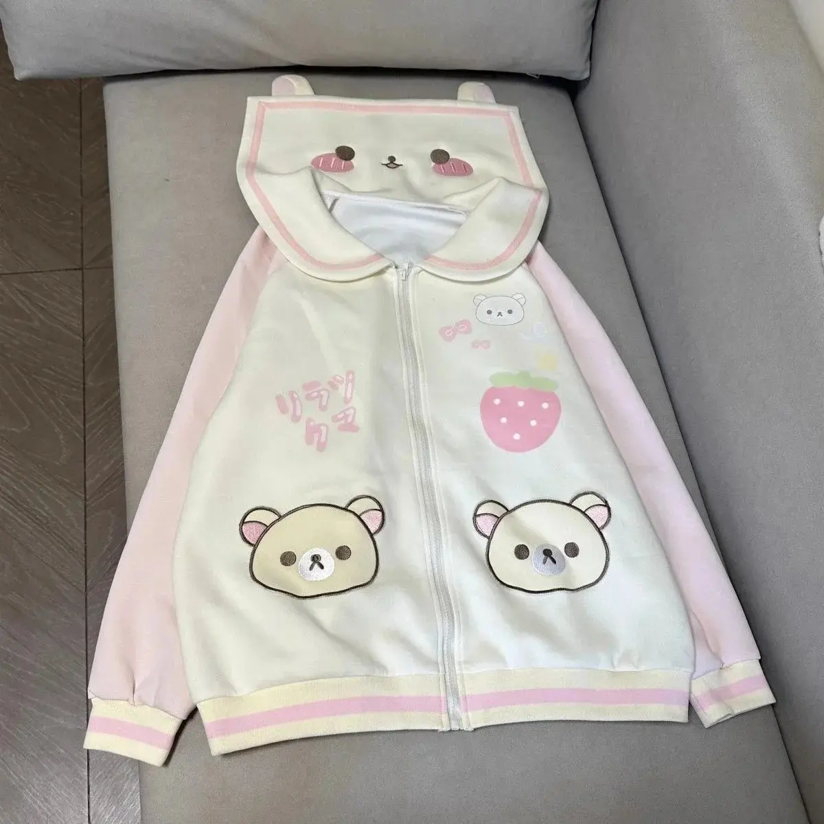 Rilakkuma Bear Ears Hooded Set 2025 Autumn Winter Kawaii Fluffy Two-Piece Jacket Pants for Women Girls Loungewear