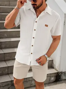 Two-Piece Set Men's Solid Short Sleeve Button Up Shirt & Drawstring Waist Shorts, Regular Fit Casual Fashion Cozy Breathable for Summer, Men's Clothes Set for Beach Vacation
