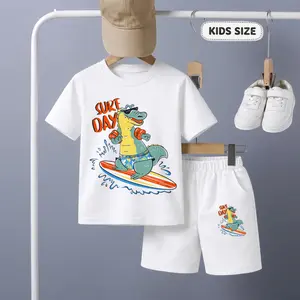 Boys' Street Style Cartoon Crocodile Surfing Graphic Print Short Sleeve T-Shirt and Shorts Set, Casual Kids Summer Outfit, Comfortable Crew Neck Two-Piece Set for Daily Wear, Outdoor Activities and Play