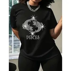 Women's Black 180g Cotton Crew Neck Short Sleeve Graphic Tee - Pisces Horoscope Print - Sparkling Rhinestone Zodiac Sign T-Shirt - Comfy and Stylish Casual Wear - Perfect Birthday Gift for Pisces Ladies - Fashionable Astrological Clothing