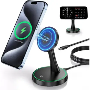 15W Fast Mag-Safe Magnetic Wireless Charger Stand with Sleep-Friendly Backlit Light for iPhone 16/16 Pro/16 Plus/16 Pro Max/15/14/13/12 Series, AirPods Charging Station