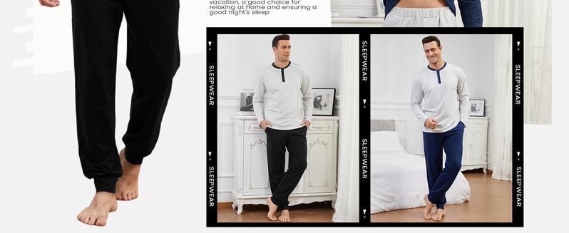 Gihuo Men's Pajama Set Soft Cotton Henley Neckline Sleepwear Long Sleeve 2 Piece Lounge Set with Pockets