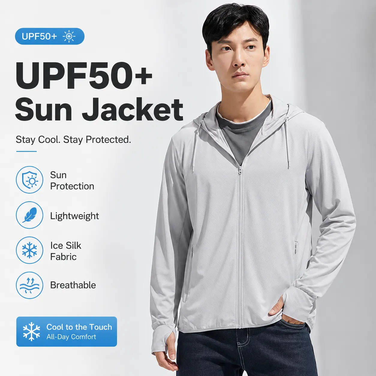 Men’s UPF 50+ Sun Protection Long Sleeve Hoodie Jacket - Lightweight Cooling Full-Zip Menswear Outdoor Wear, Male Face Cover & Thumb Holes Outdoor Jacket, Tops