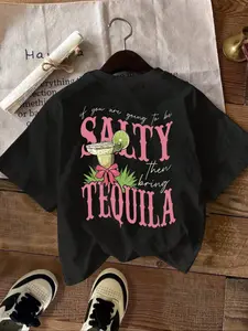 Women's "SALTY TEQUILA" Letter Print Round Neck Tee, Casual Short Sleeve T-shirt for Daily Wear, Ladies Summer Clothes, Top, Black