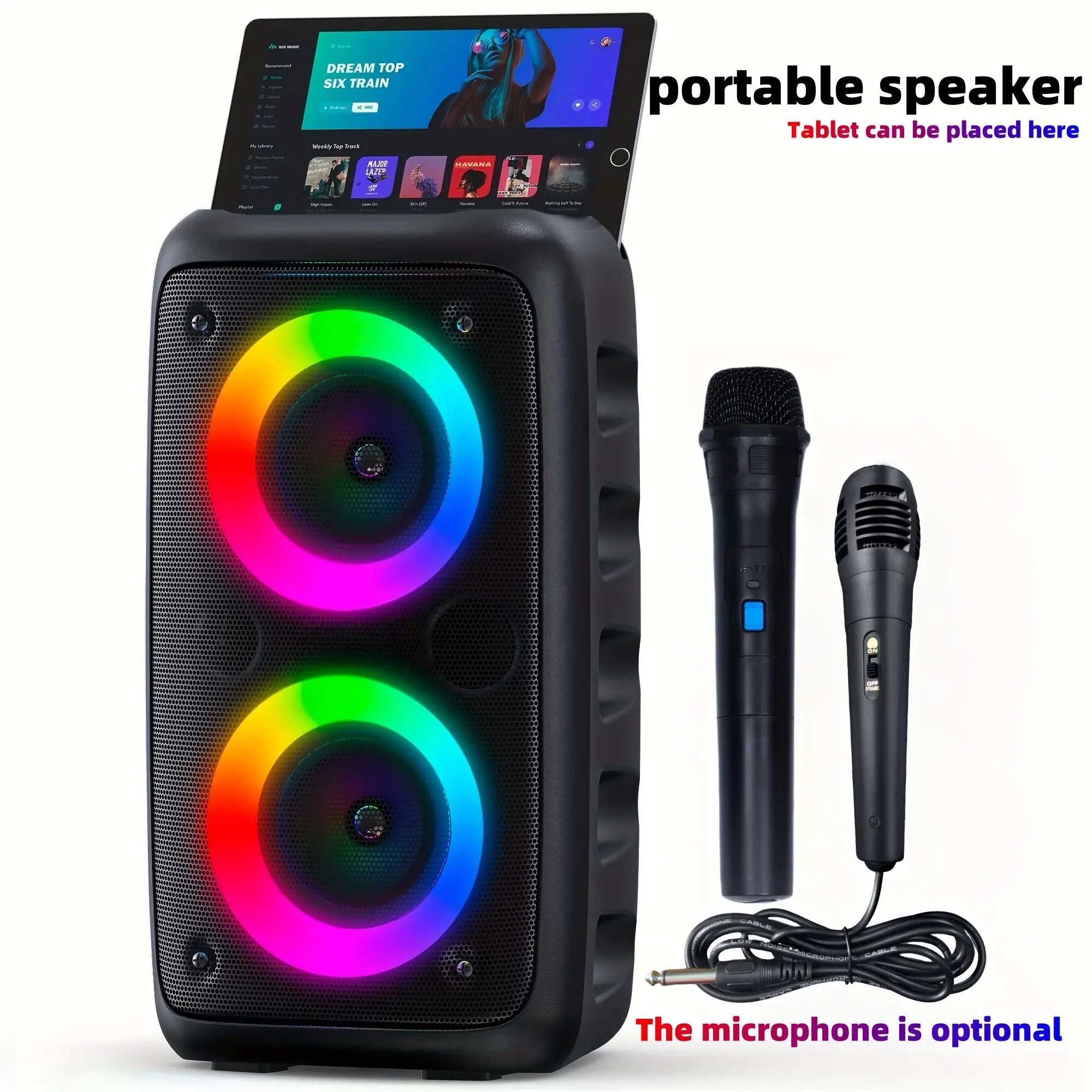 Bluetooth speaker, wireless speaker, karaoke machine with 1 wired microphone or 1 wired microphone+1 wireless microphone, adult portable speaker, PA system with LED lights singing karaoke speaker, supports TF card/USB, AUX input, TWS