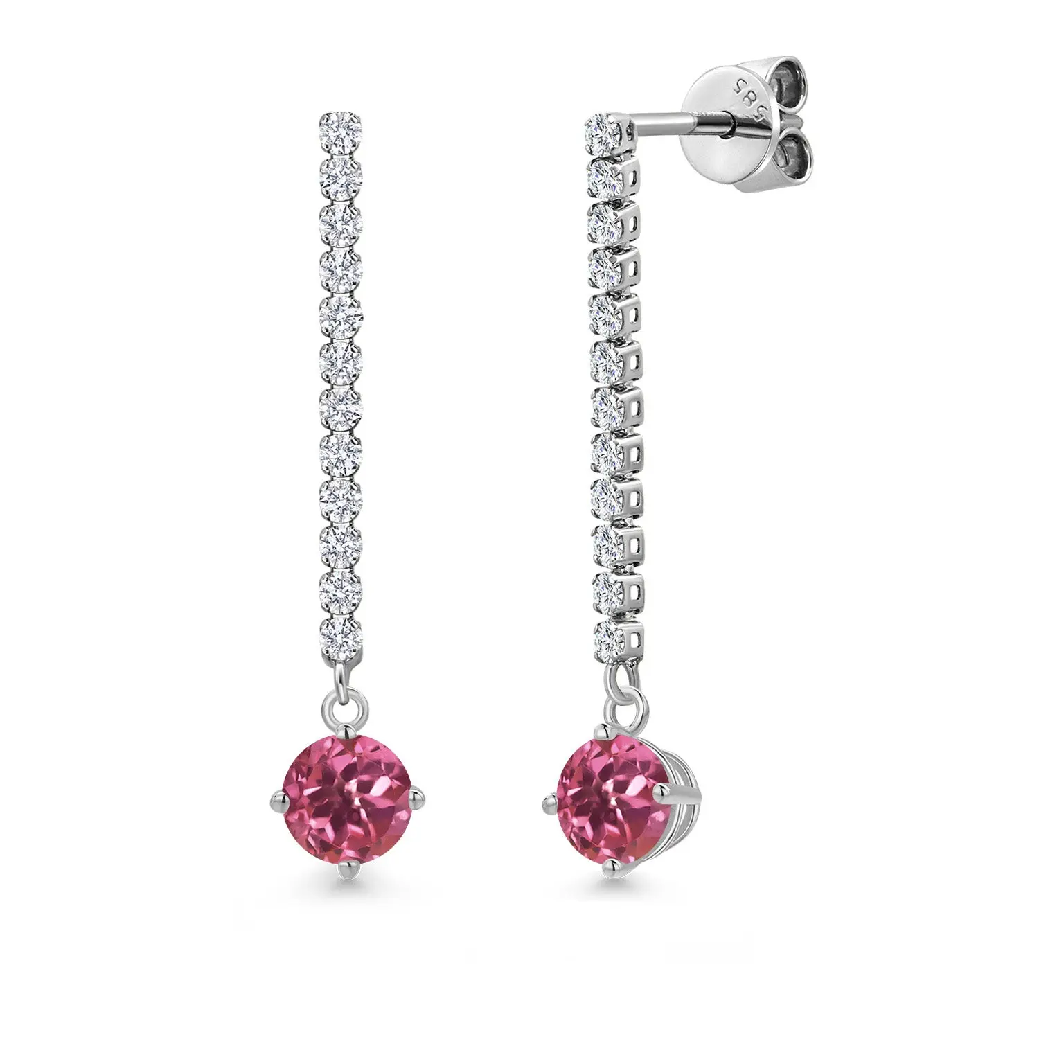 14K White Gold Pink Tourmaline and White Lab Grown Diamond Long Liner Dangle Earrings for Women | 1.40 Cttw | Gemstone October Birthstone | Round 5MM | White Gold Chain Drop Earrings