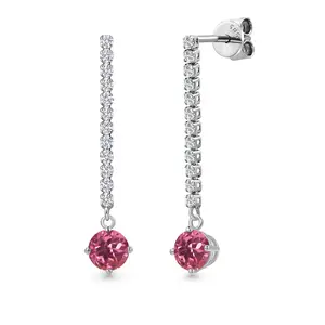 14K White Gold Pink Tourmaline and White Lab Grown Diamond Long Liner Dangle Earrings for Women | 1.40 Cttw | Gemstone October Birthstone | Round 5MM | White Gold Chain Drop Earrings