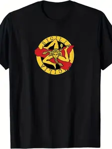 Men'S Sicilian Trinacria Sicily Flag Graphic T-Shirt - 100% Breathable Crew Neck, Retro Italian Heritage Design with Sicilian Yellow Red Flag & Trinacria Emblem, Regular Fit Casual & Festival Wea