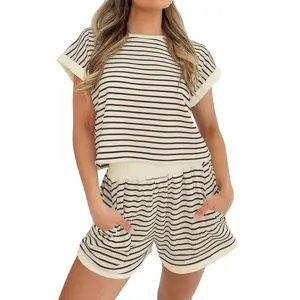 Womens Summer 2 Piece Sets Striped Short Sleeve T Shirts and Shorts Loungewear Matching Set