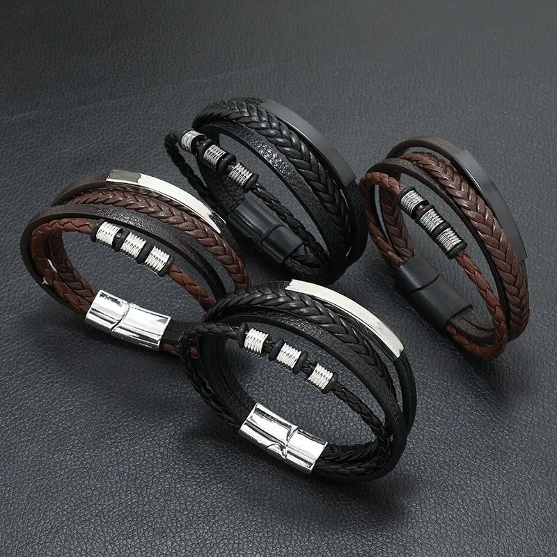 1PCS Retro Men's Leather Bracelet with Stainless Steel Clasp Jewelry Multi-Layer Braided Men Wrist Cuff Bracelet, Suitable for Daily Wear, Party, Gift for Him - Woven Wristband