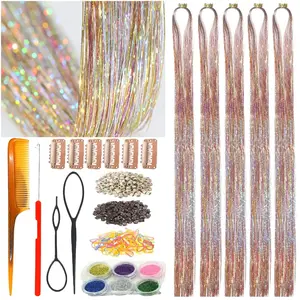 Hair Tinsel Kit,Galaxy Pattern Tinsel Hair Extensions, Single Strands Mixed Colors, 3-Tones Gradient Fairy Hair for Girls (48 Inch Pack of 5Pcs)