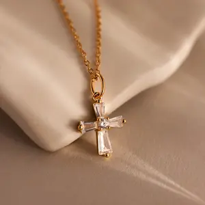 Art Deco Cross Necklace by Caitlyn Minimalist - Vintage Style Diamond Cross Pendant Necklace in Gold & Silver - Dainty Religious Jewelry - Mom Gift
