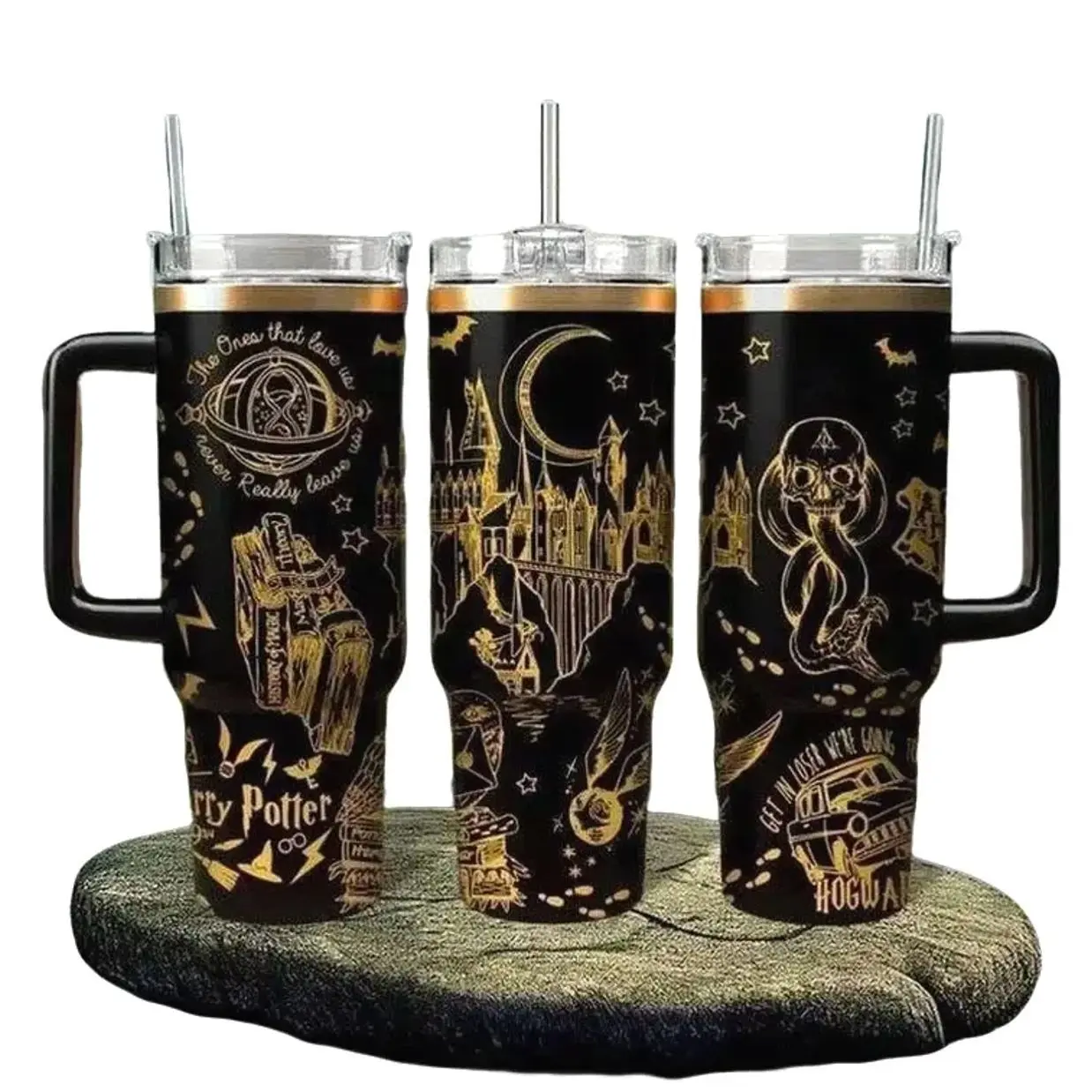 H Potter Magic Wizard Inspired 40oz Tumbler with Handle, Stainless Steel Insulated Travel Mug, Fantasy School Wizard Design Cup with Straw, Double Wall Vacuum Coffee Cup, Gift for Fantasy Fans