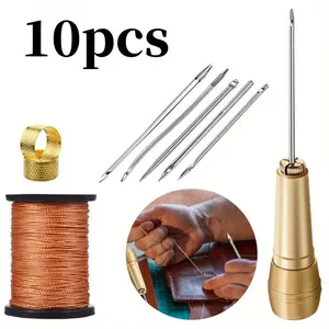 6 Pieces Leather Sewing Awl Needle with Copper Handle, Upholstery Repair Kit 50M Nylon Cord Thread and 2 Pieces Thimble for Handmade Leather Sewing Tools Shoes and Repair