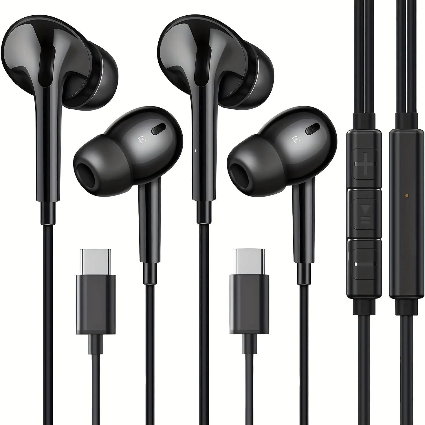 2 Pcs of dedicated USB-C wired headphones with a microphone and in-line controls, in-ear headphones with built-in high-definition stereo sound, cable length: 120 cm / 47.24 inches, comes with 4 pairs of extra S/L replacement ear tips