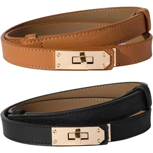 Women Skinny Leather Belt Solid Color Alloy Turn Lock Adjustable Waistband for Dresses Jeans Coats