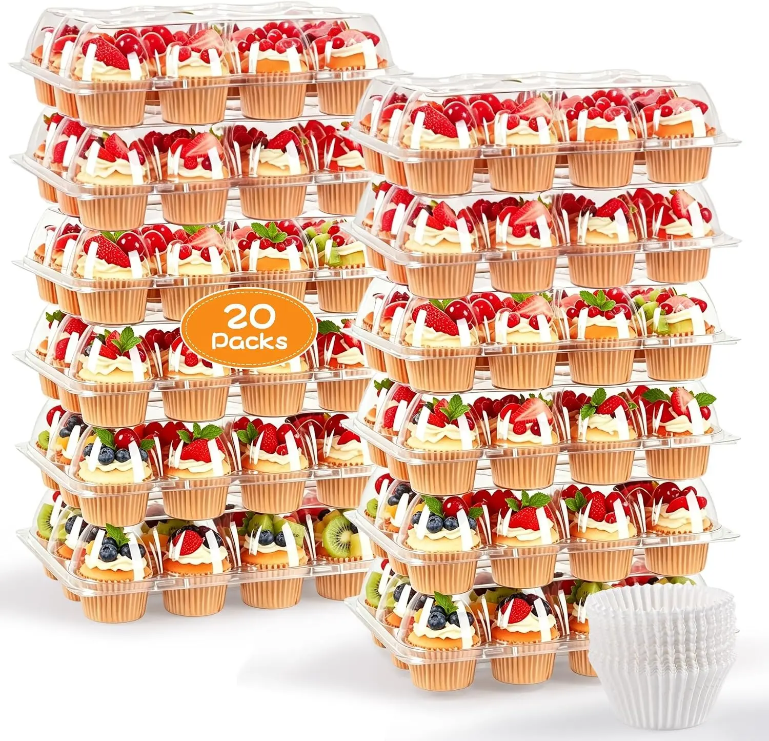 12 Pack x 20 Sets Plastic Cupcake Containers, Stackable Cupcake Boxes Holders with Tall Dome Lid, Disposable Clear Cupcake Carrier Trays for Bakery Transport