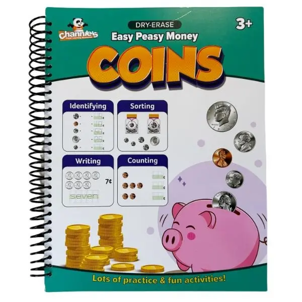 Channie's Easy Peasy Dry Erase Money Book - Coins Edition, Compact Size Reusable Learning Tool, Homeschool Supplies, Durable Construction Penny-Focused Teaching Aid with Colorful Illustrations That Builds Financial Literacy