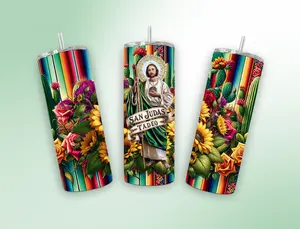 San Judas con flores 20 oz Tumbler - Colorful Design Featuring San Judas Tadeo with Flowers and Serape Stripes