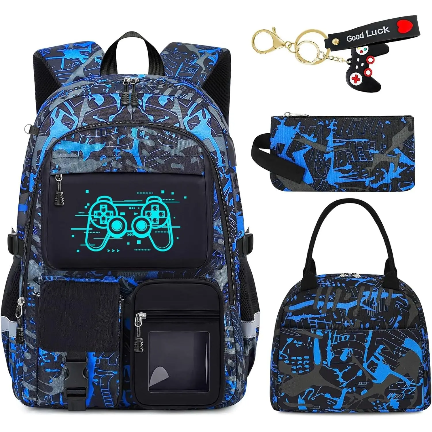 School Backpack for Boys - 4 count Gamer Boys Backpack with Lunch Box Set for  Teens Elementary Middle High School - 18" Large Capacity School Bookbag with Multiple Pockets