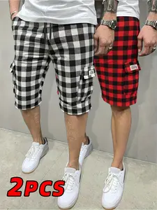 Men’s plaid casual shorts, 2-pack, with side pockets — convenient for storage, suitable for everyday summer wear, parties, and sports — a perfect gift for men, husbands, and sons solid color work short loose breathable fit lightweight zipper pocket short