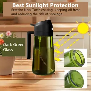 2 in 1  Oil Sprayer for Cooking 16oz/470ml Light-Blocking Dark , Olive Oil Dispenser Bottle for Kitchen, Premium Dark Green Glass Oil Bottle, Food-Grade Oil Mister for Air Fryer, BBQ