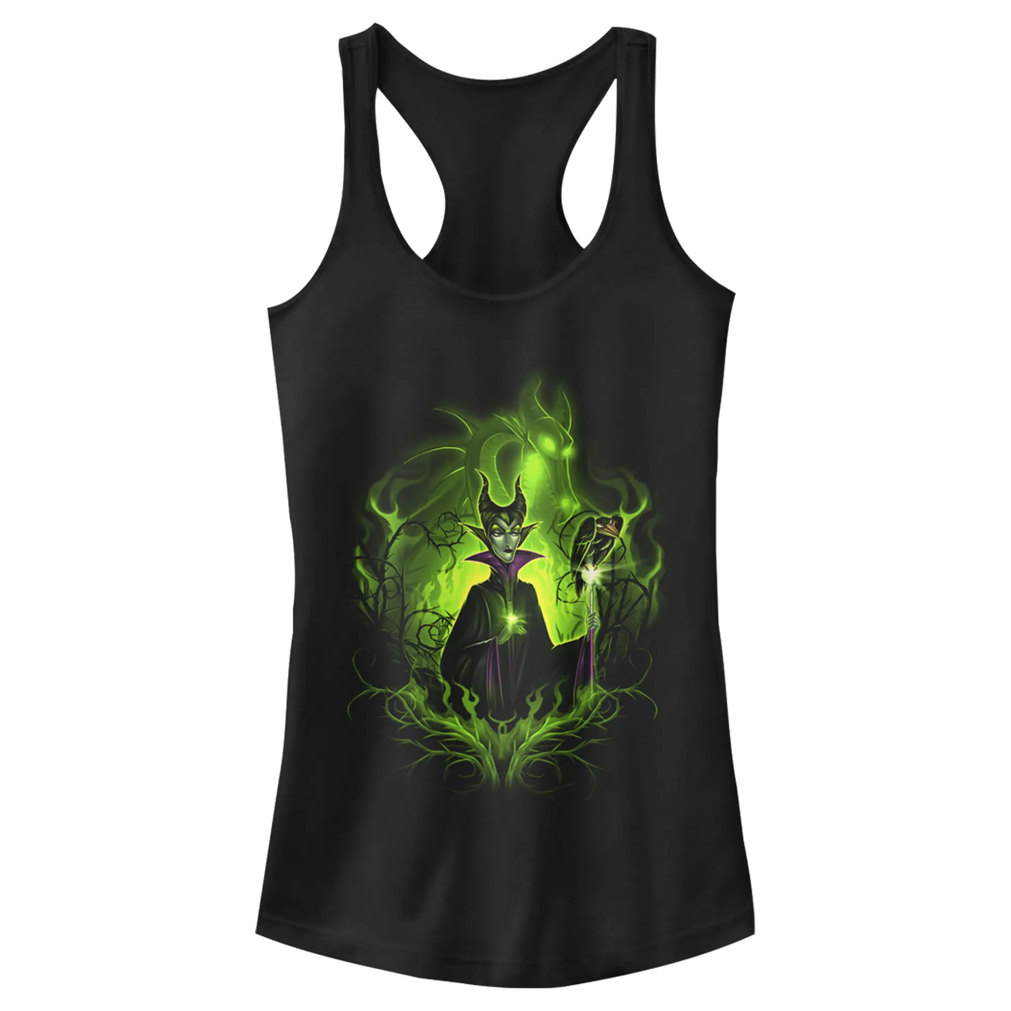 Juniors Womens Sleeping Beauty Dark Detailed Maleficent Racerback Tank Top