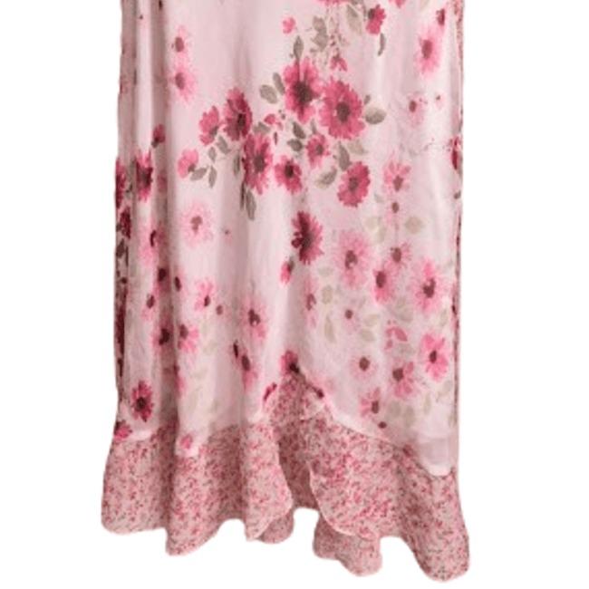 New York & Co Vintage White & Pink Floral Midi Dress with Flutter Sleeves Ruffle Hem Size 6 Sheer Fabric Fully Lined for Special Occasions