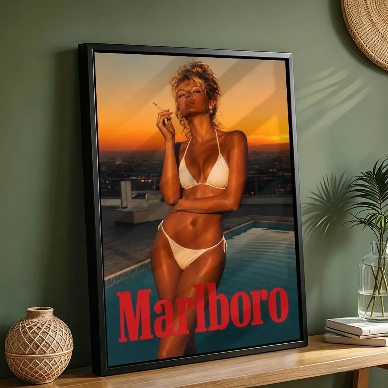 Top Rated Framed Canvas Print, Vintage Marlboro Sunset Pool Bikini Woman Wall Art,  Retro Bar Man Cave Lounge Bedroom Apartment Decor, Perfect Gift for Vintage Advertisement Collectors