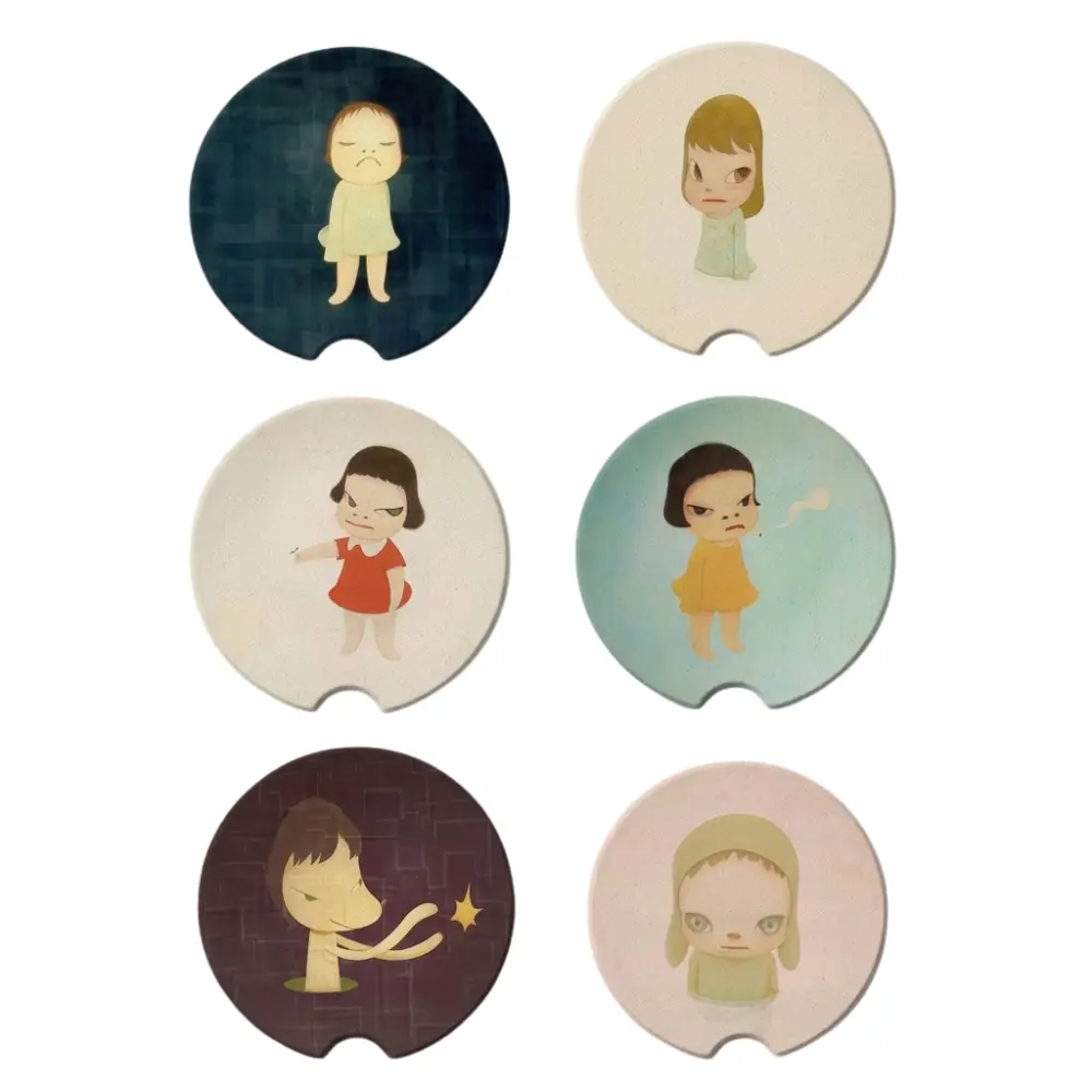Yoshitomo Nara Inspired Soapstone Car Coasters with Finger Notch - Anime Art Absorbent Cup Holder Inserts
